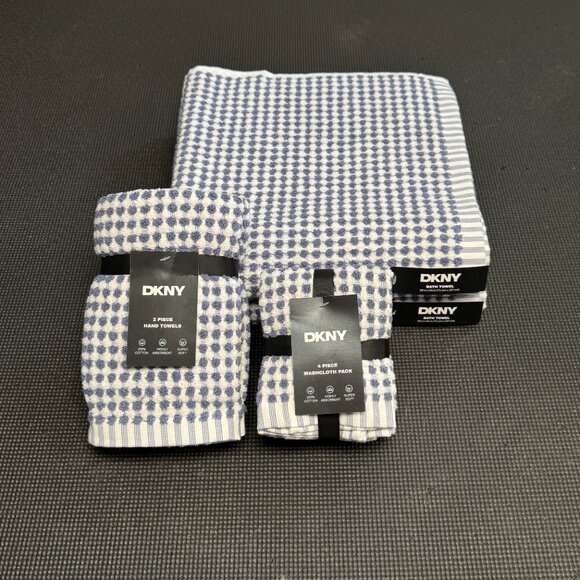 8 Pc. DKNY Monet Tile Blue White Squares Dots Stripes Towel Set Towels Gingham - Picture 7 of 11